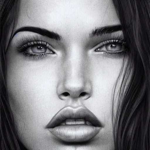 Image similar to megan fox closeup of face as she licks her lips. hyperrealistic portrait, photo realistic, poster, artstation, volumetric lighting, digital art, very detailed face by magali villeneuve