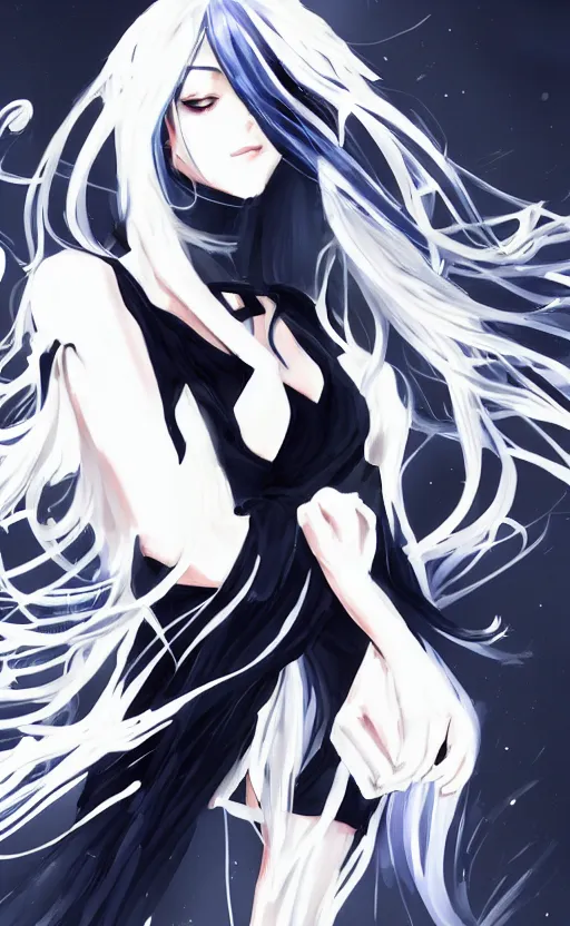 Prompt: ''female anime character with blue long hair, beautiful black and white dress, gorgeous girl, elegant, dynamic pose, character concept, digital art, watercolour, artstation, 4 k''