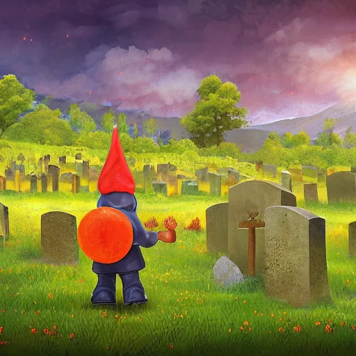 Prompt: landscape of Aspen Cemetery with a small orangish colored gnome who is cute and childlike with a hat and tabard leaning against a tombstones, fantasy, faerie, spirit, whimsical