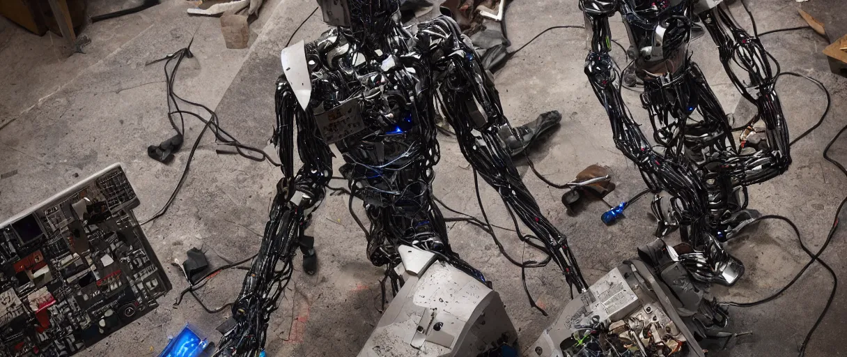 Prompt: detailed, photorealistic degenerate robot ,full body, worn and torn, cables, worker