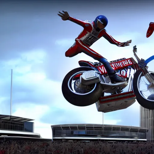 Image similar to evel knievel jumping busses at wembly stadium 3 d studiomax, maya 3 d, unrealengine, 4 k, 8 k, hdr, extreme render, mind - bending reality, hyper detailed, wide angle ultra - vivid, photo - realistic nikon 3 5 mm, photograph