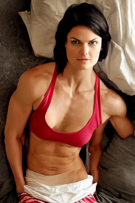 Image similar to realistic photograph. warrior woman, 2 7, in her bedclothes. tight white tanktop shows strong feminine figure. loose comfortable red pajama pants. jaimie alexander. short hair, straight, ravenblack. faircomplected but tan. tall gracile, but thick ripped jacked vascular buff muscular arms and large ample female bust.