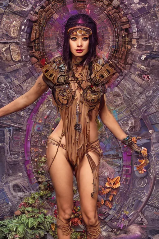 Image similar to cyberpunk aztec goddess in a zen rock garden, by Peter Kemp, by Artgerm, autumn, glamorous hairstyle, vermont fall colors, wearing translucent earthtone fashion, art nouveau by Brian Froud, berries, cosmic, gnostic, sacred geometry, glowing cybernetics, by Alphonse Mucha, highly detailed concept painting with cinematic lighting, trending on art station