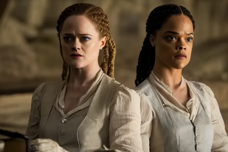 Prompt: evan rachel wood as hale and tessa thompson as dolores in westworld