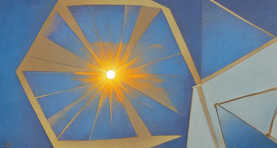 Prompt: solar sail in the shape of a hexagon blocking the sun, art deco painting