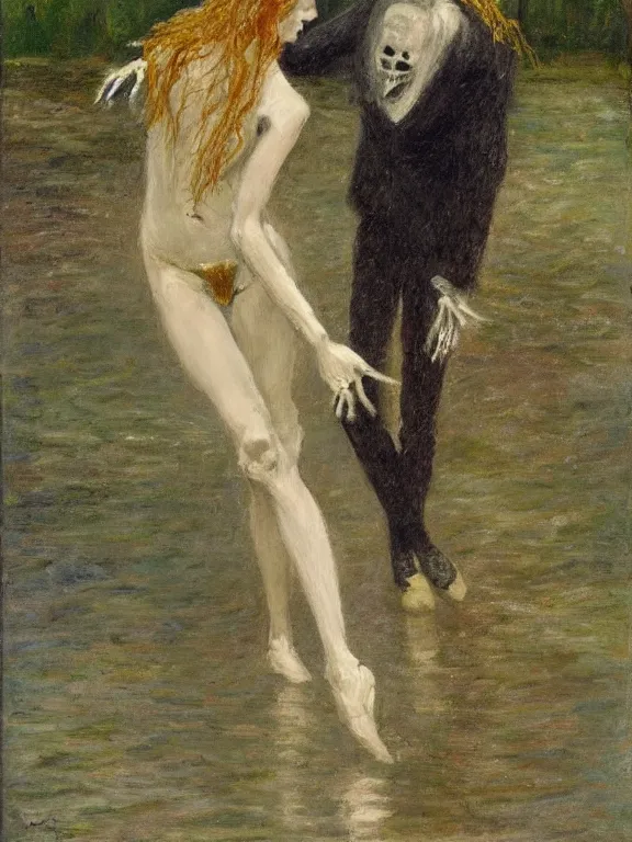 Image similar to young man's skeleton dancing with a long-haired drowned woman, pale, dark background, impressionism