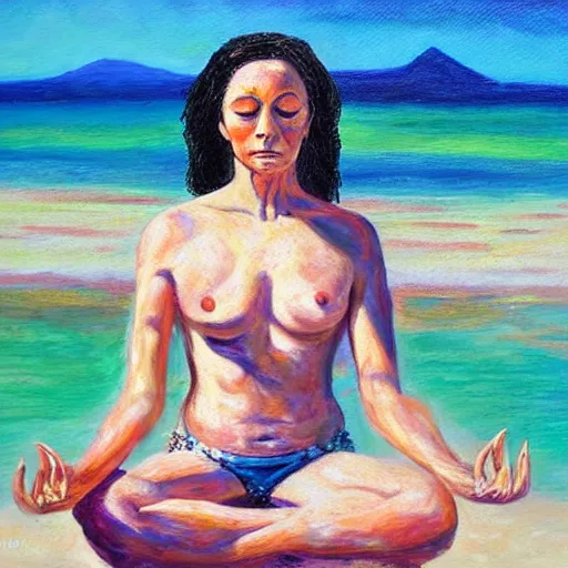 Image similar to freckled woman meditating on beach in caribbean, high detailed, clear, oil on canvas