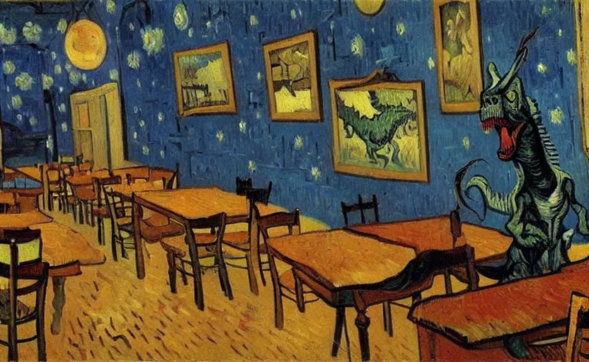Prompt: oil painting by van gogh of a dinosaur sitting in a cafe.