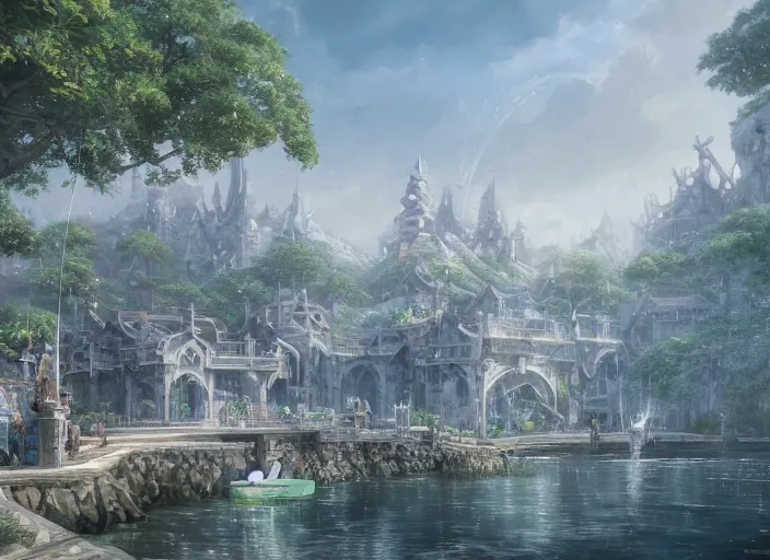 Image similar to A fishing port near the ocean in a beautiful elven city made of white marble, anime, lush trees, fountain, a fantasy digital painting by Greg Rutkowski and James Gurney, trending on Artstation, highly detailed