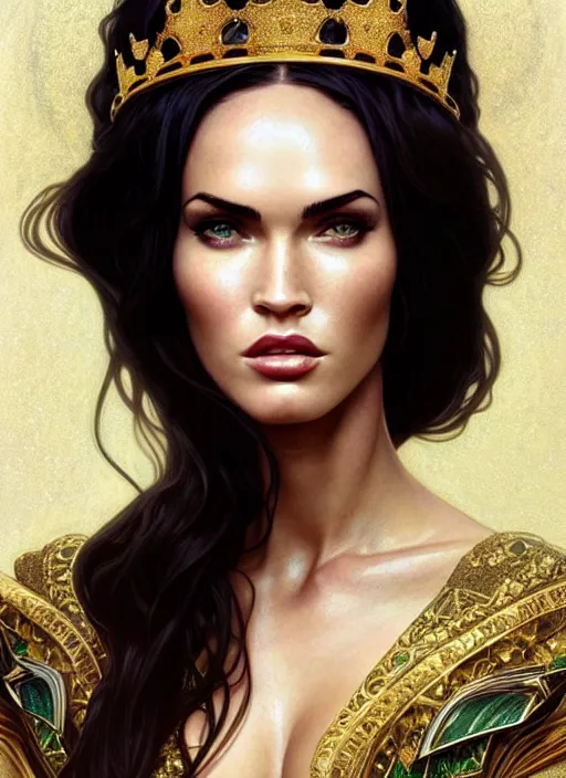 Image similar to portrait of megan fox as a queen, throne, jewelry, greek, emerald, intricate, headshot, highly detailed, digital painting, artstation, concept art, sharp focus, cinematic lighting, illustration, art by artgerm and greg rutkowski, alphonse mucha, cgsociety