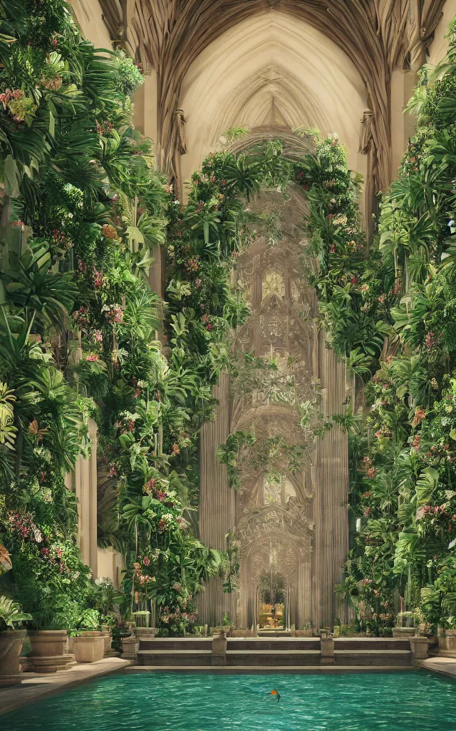 Image similar to grand cathedral interior with koi pond in the middle surrounded by palm trees, ivy, flowers, tropical plants, roses, and with archways, rendered in octane render with photorealistic lighting, cinematic, horizontal symmetry