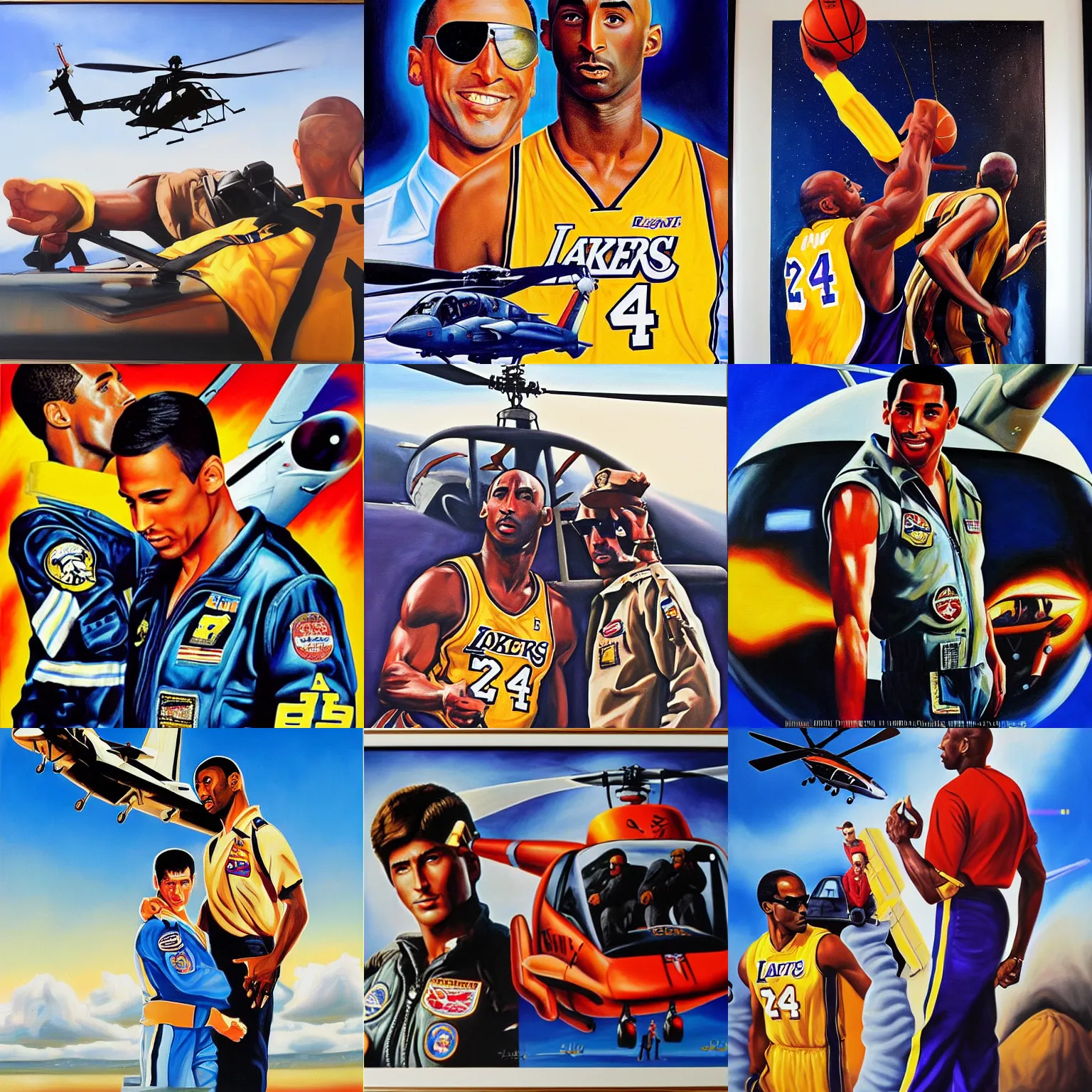 Prompt: iconic movie poster, top gun with kobe bryant and a helicopter, oil on canvas painting