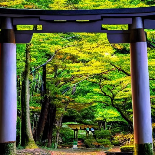 Prompt: a japanese landscape filled with torii arches, dawn, by adriane tomine