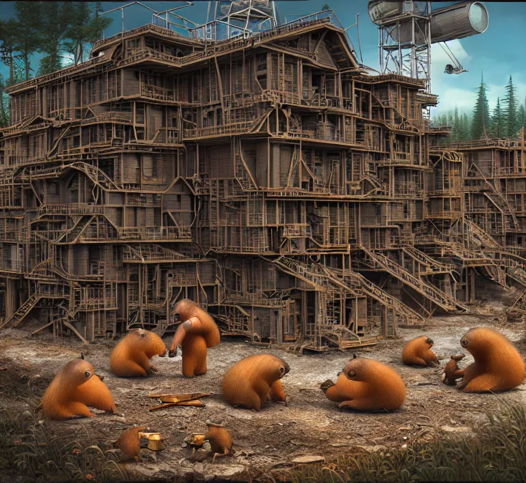 Image similar to hyperrealism caravaggio style photography hyperrealism concept art of highly detailed beavers builders that building highly detailed futuristic from far future city by wes anderson and hasui kawase and scott listfield sci - fi style hyperrealism rendered in blender and octane render volumetric natural light