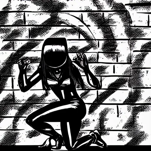 Prompt: a woman on her knees hiding behind a wall in fear, comic book style,