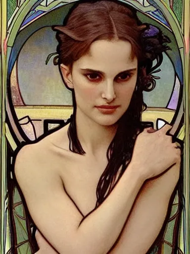 Image similar to a beautiful painting of natalie portman by Alphonse Mucha and by yoshitaka Amano and by Mark Brooks and by john william waterhouse and by arthur rackham, Art Nouveau, Neo-Gothic, gothic, award winning painting, hyperdetailed, detailed