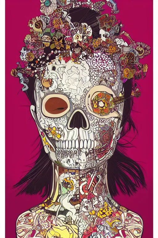 Prompt: skull portrait half girl half skeleton illustration detailed patterns art of thai traditional dress, pop art, splash painting, art by geof darrow, ashley wood, alphonse mucha, makoto shinkai