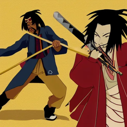 Image similar to samurai Champloo Snoop Dogg samurai in battle stance pose with katana, in style of anime
