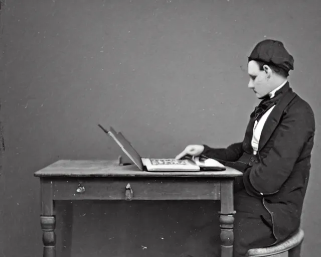 Image similar to an early 1800s photo of someone sitting at a computer making a donut on a computer in blender3d