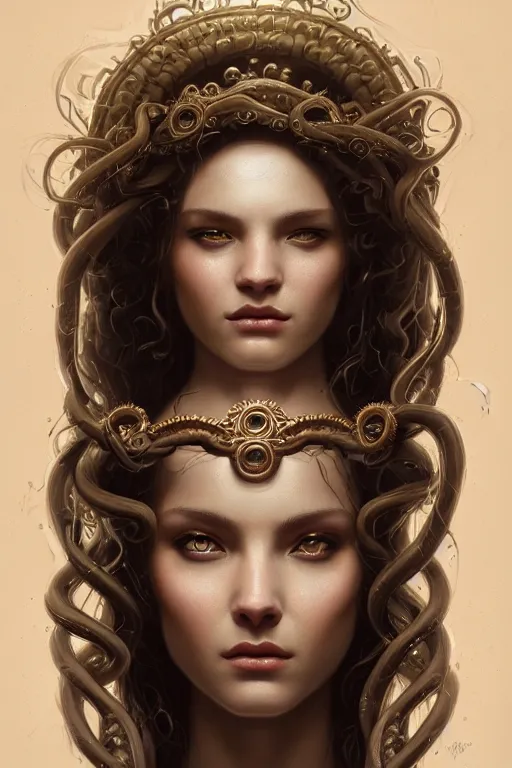 Image similar to highly detailed portrait of an elegant medusa, ornate crown, beautiful symmetrical face, glowing skin, digital painting, artstation, concept art, smooth, clear focus, illustration, greg rutkowski, artgerm, global lighting, detailed and fantasy