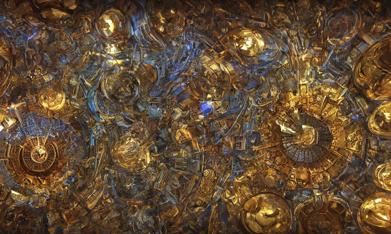 Image similar to steampunk engine laboratory 3 d volume kaleidoscope fractal voronoi metal chakra digital color stylized concept substance natural color scheme, global illumination ray tracing hdr fanart arstation by sung choi and eric pfeiffer and gabriel garza and casper konefal