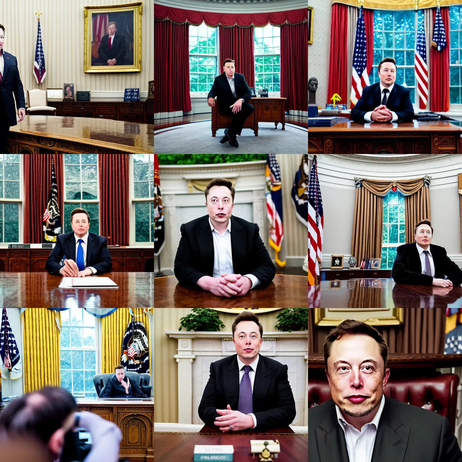 Prompt: headshot of Elon Musk as the president of the united states sitting in the oval office, EOS-1D, f/1.4, ISO 200, 1/160s, 8K, RAW, unedited, symmetrical balance, in-frame, Photoshop, Nvidia, Topaz AI