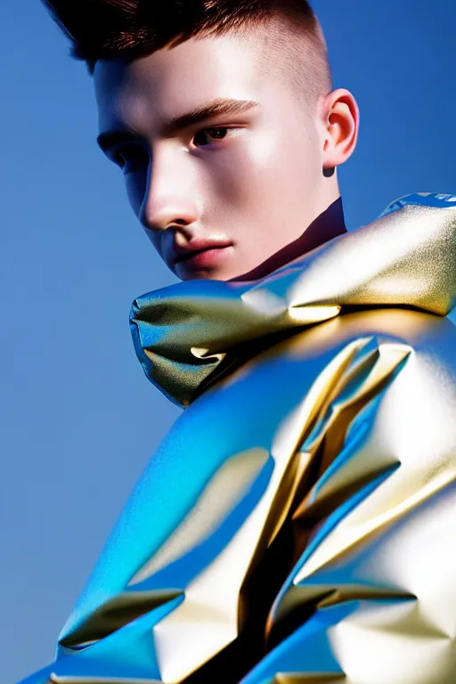 Image similar to un ultra high definition studio quality photographic art portrait of a young man standing on the rooftop of a british apartment building wearing soft baggy inflatable padded silver iridescent pearlescent clothing. three point light. extremely detailed. golden ratio, ray tracing, volumetric light, shallow depth of field. set dressed.