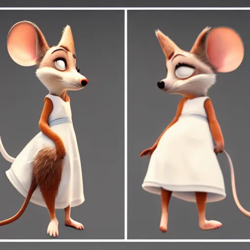 Image similar to 3 d render, portrait, anthropomorphic mouse, female, in a maxi white dress, in the style of zootopia, closeup, artstation