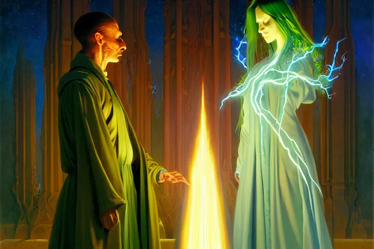 Prompt: the female arcanist and the male artificer by zacharias aagaard and albert bierstadt and gerald brom and james gilleard and wayne barlowe and marc simonetti and jean delville, beautiful, robes, highly detailed, hyperrealistic, intricate, energy, electricity, blue flame, low light, green crystal, high contrast