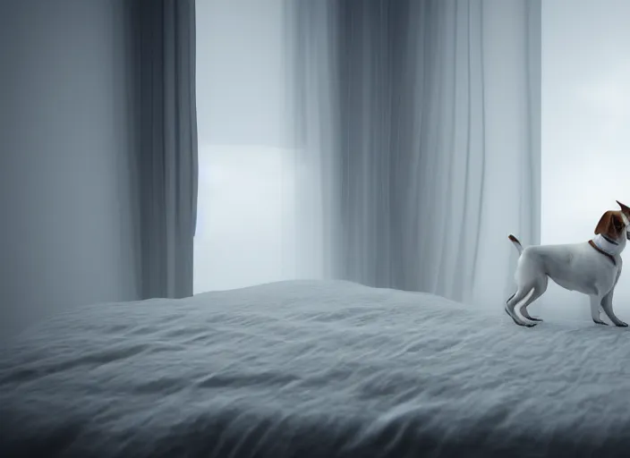 Prompt: photography of a Jack Russel watching outside the window on a bed in a 3d rendered white room, octane render, 3d, foggy, volumetric light, volumetric fog, photorealistic, unreal engine 5, award winning photo, 100mm, sharp, cloth, high res