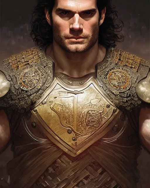 Prompt: henry cavill as a warrior, upper body, d & d, muscular, fantasy, intricate, elegant, highly detailed, digital painting, artstation, concept art, smooth, sharp focus, illustration, art by artgerm and greg rutkowski and alphonse mucha