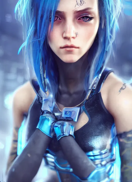 Image similar to beautiful young cyberpunk girl with blue hair, blue eyes, au naturel, hyper detailed, digital art, trending in artstation, cinematic lighting, studio quality, smooth render, fluorescent skin, unreal engine 5 rendered, octane rendered, art style by klimt and nixeu and ian sprigger and wlop and krenz cushart