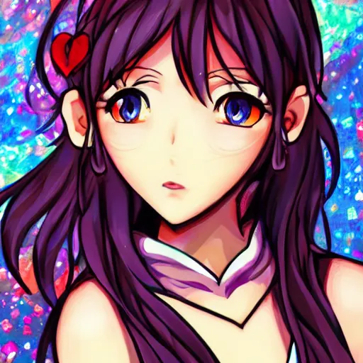 Prompt: anime girl portrait stylized anime artstation trending 4 k church stained glass painting mosaic strong colors digital painting smooth sharp lines detailed background lighting bokeh bright colorful detailed face sharp angles