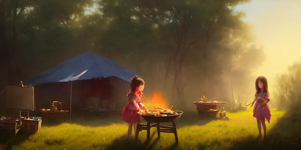 Image similar to big - eyed brunette sweet little girl looking sad in front of barbecue near tent at camp, extremely detailed digital painting, in the style of fenghua zhong and ruan jia and jeremy lipking and peter mohrbacher, mystical colors, rim light, beautiful lighting, 8 k, stunning scene, raytracing, octane, trending on artstation