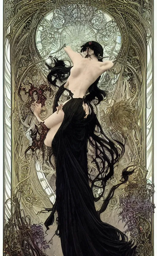 Image similar to sorceress, wearing dark clothes and a black cloak, with messy black hair, gothic, standing in a surreal dreamscape by Gerald Brom and Alphonse Mucha,