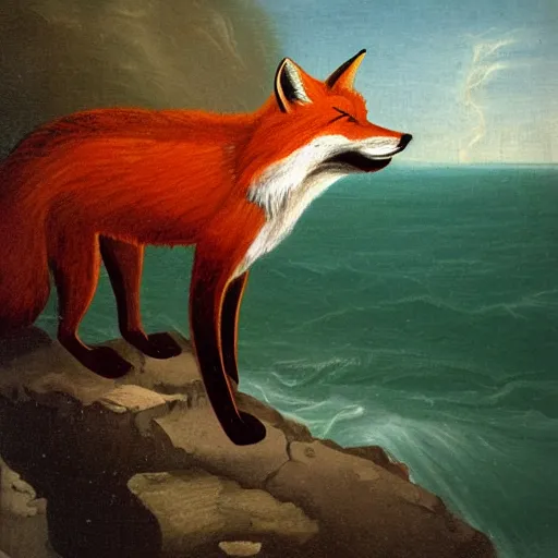 Prompt: anthro fox man in suit about to fall off cliff into scary stormy ocean, far shot, 19th century painting