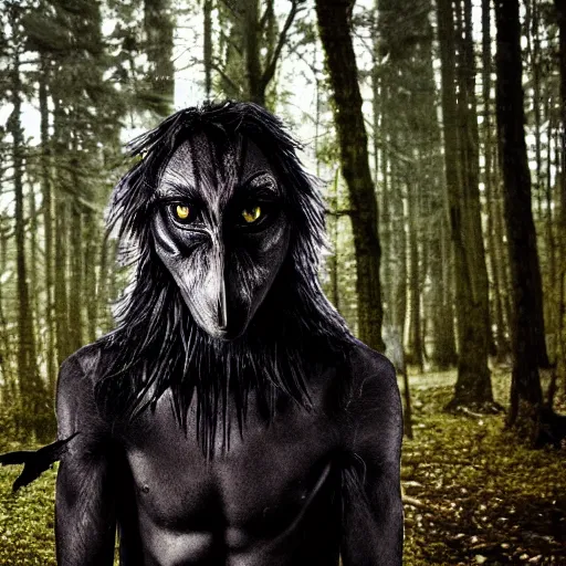 Image similar to werecreature mixture of human and crow, photograph captured in a forest