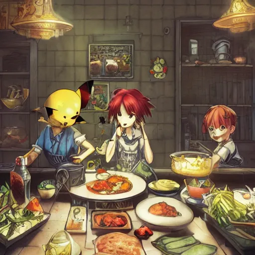 Prompt: goth pikachu detective making dinner, color page, tankoban, 4 k, tone mapping, akihiko yoshida, james jean andrei riabovitchev marc simonetti, yoshitaka amano, long hair, curly, h. hydrochaeri