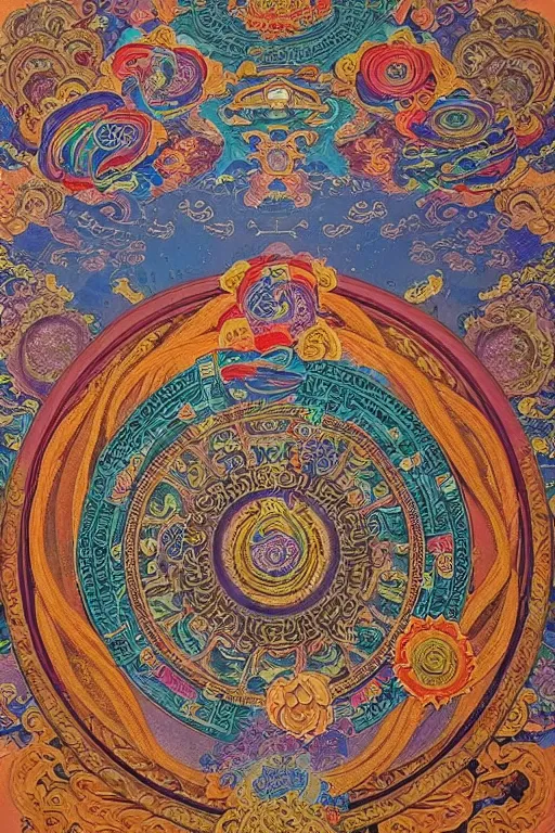 Image similar to an ornate ultradetailed tibetan thangka, A giant lotus mandala, celestial bodies, Post apocalyptic, flying through time, portal into anotheer dimension, giant lotus mandala, intricate tapestry, by yoshitaka amano, hiroshi yoshida, moebius, trending on instagram, 8k, HD, gigapixel, highly detailed, epic, exquisite, great coherency, painted on silk, realistic proportions, Tibetan art, Thangka painting, Buddhist art, Medieval Art, Asian Art, Sacred Geometry, sharpness applied, hyperrealism