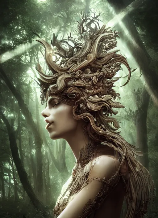 Prompt: beauteous sumptuous biomechanical incredible hair, crystalline masterpiece incrustations, hyperdetailed face, elegant pose, movie still, intricate, octane render, cinematic forest lighting, cgsociety, unreal engine, crepuscular rays, god rays