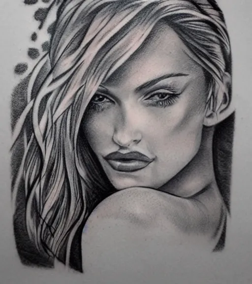 Image similar to tattoo design sketch of a beautiful woman face with a faded background of beautiful mountains and nature on her side, hyper - realistic, in the style of den yakovlev, amazing detail, black and white