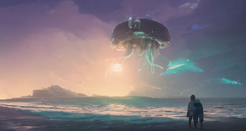 Prompt: A very beautiful serene coastal landscape scene with a GIANT MECHA JELLYFISH looming in the distance, bright sunny waves splashing on the beach, Translucent rendered by simon stålenhag, rendered by Beeple, Makoto Shinkai, syd meade, environment concept, digital art, starwars, unreal engine, 3 point perspective, WLOP, trending on artstation, low level, 4K UHD image, octane render,