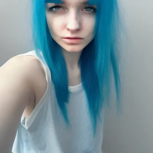 Image similar to a pale girl with blue hair, fringe, soft facial features, looking directly at the camera, neutral expression, instagram picture