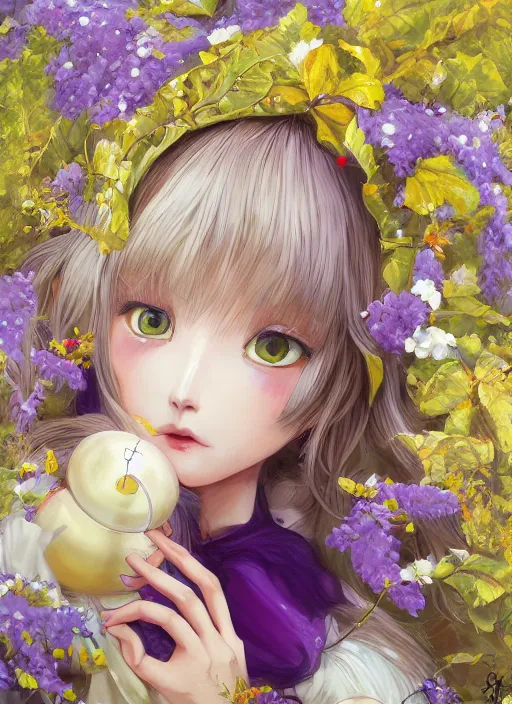 Image similar to little elf girl, santa claus suit, soft hair. light color palate, purple, yellow and white. detailed soft painting, ayami kojima, made in abyss, anatomically correct, ilya kuvshinov, inspired in balthus, high detailed face anime, vogue magazine, glorious composition, mobile wallpaper