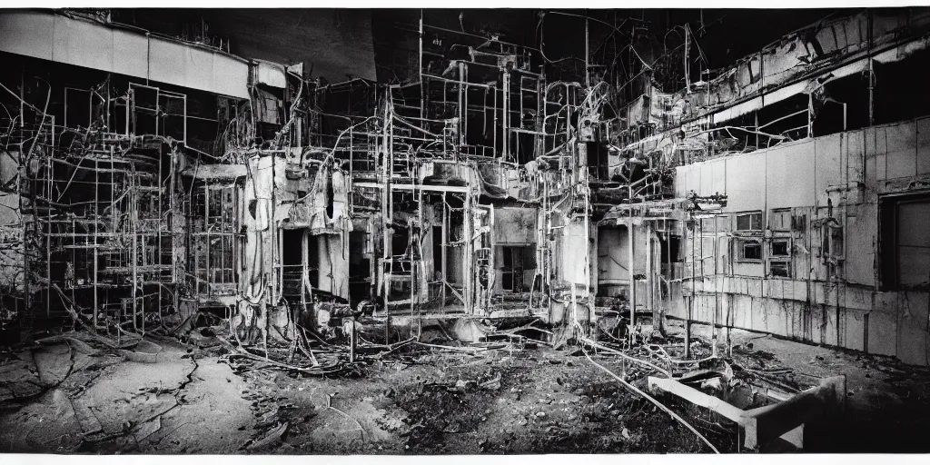 Image similar to A photograph of the inside of the chernobyl nuclear reactor, Kodak TRI-X 400 135mm