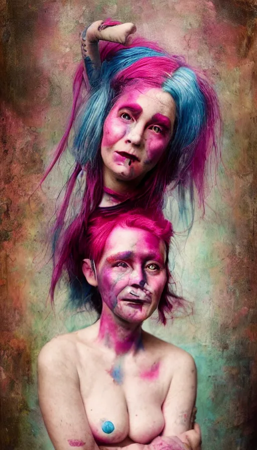 Prompt: her name is jenny, she has pink and blue hair, she survived the end times, she's gorgeous and courageous, she has a sly smile. matte painting by wlop and joel peter witkin, vibrant colors, detailed, portrait photo, kodak ektachrom, fashion editorial