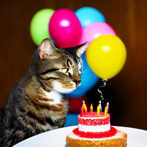 Prompt: photo of a cat celebrating his birthday with a cake. highly - detailed, award - winning