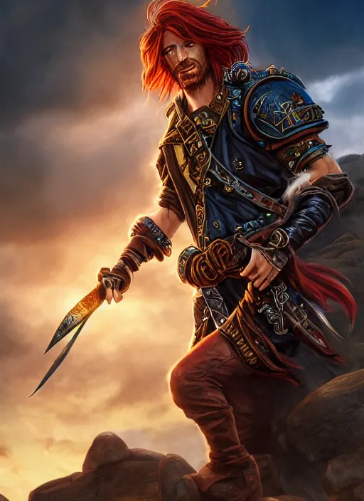 Image similar to An epic fantasy comic book style portrait painting of a long haired, red headed male sky-pirate in front of an airship in the style of the wheel of time, unreal 5, DAZ, hyperrealistic, octane render, cosplay, RPG portrait, dynamic lighting