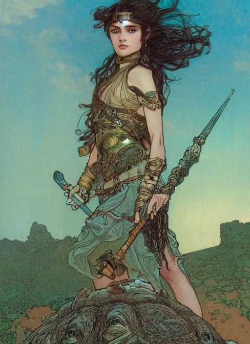 Image similar to a little warrior girl standing on top of one giant turtle in the desert. the girl has dark skin and beautiful green eyes, realistic body and a very beautiful detailed symmetrical face with long black hair. diffuse light, dramatic landscape, fantasy illustration by mucha