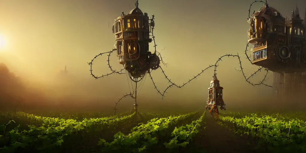 Image similar to a walking mechanical castle with legs, vines, pilar, hyperrealistic, highly detailed, cinematic, single ray of sun, fog, beautiful, cgssociety, artstation, 8 k, oil painting